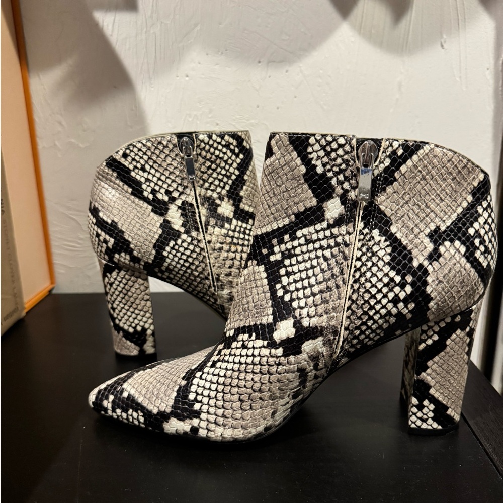 Marc Fisher Black and White Snakeskin Booties